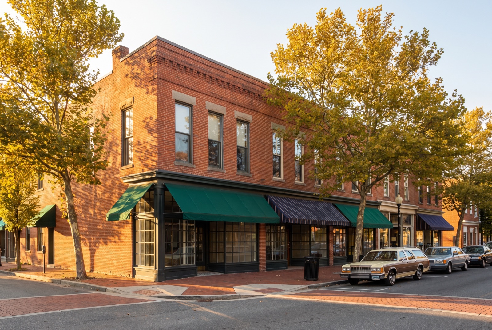 A brick mixed-use building on a mid-Atlantic main street
