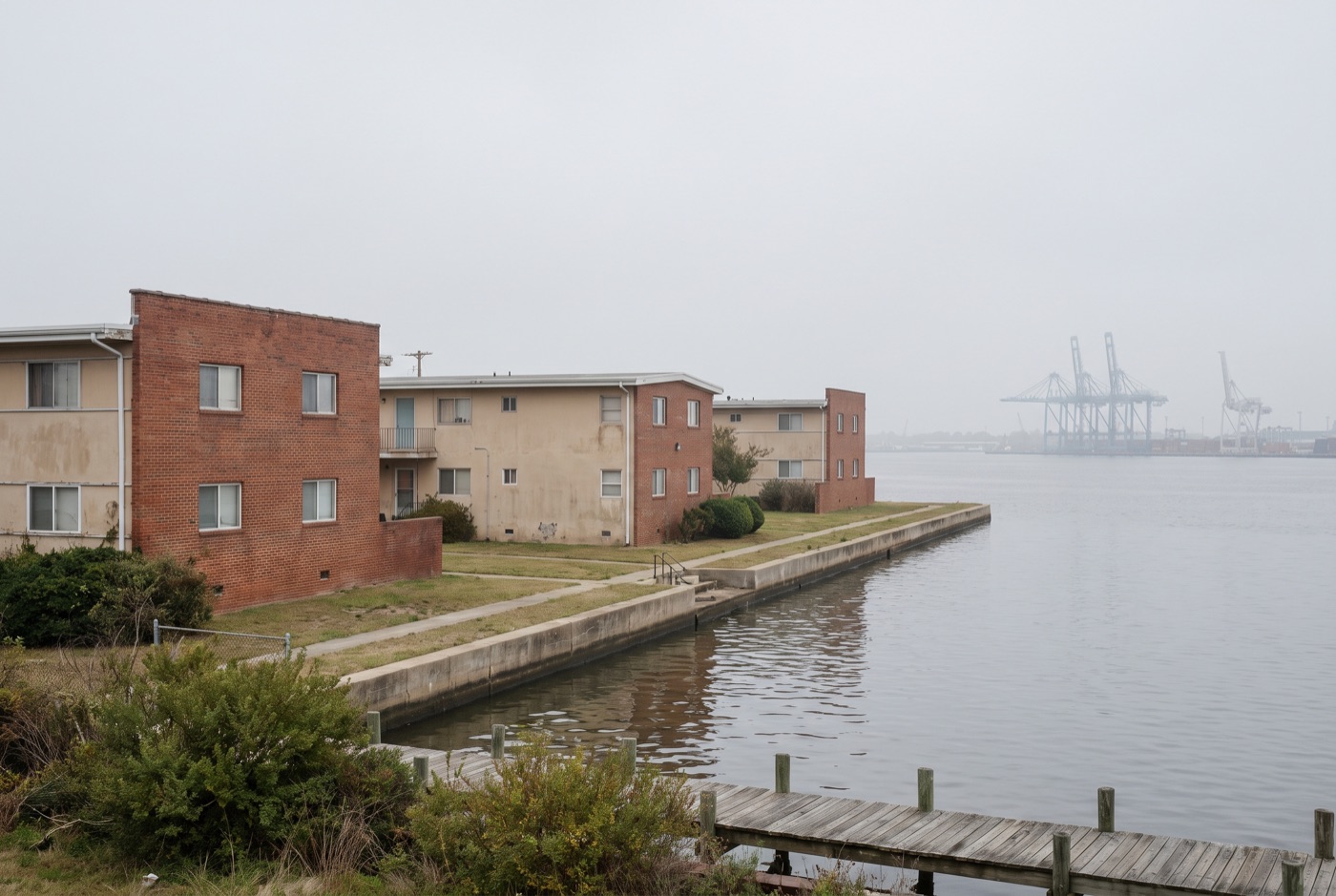 Low-rise brick apartment buildings near the Norfolk waterfront