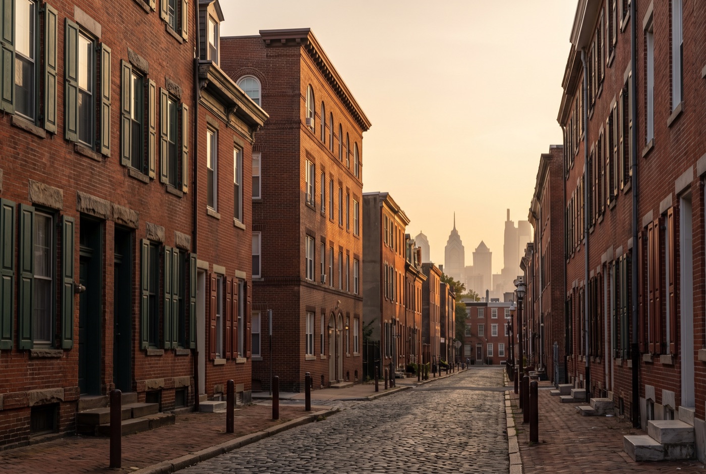 Brick rowhomes and a small apartment building in Philadelphia