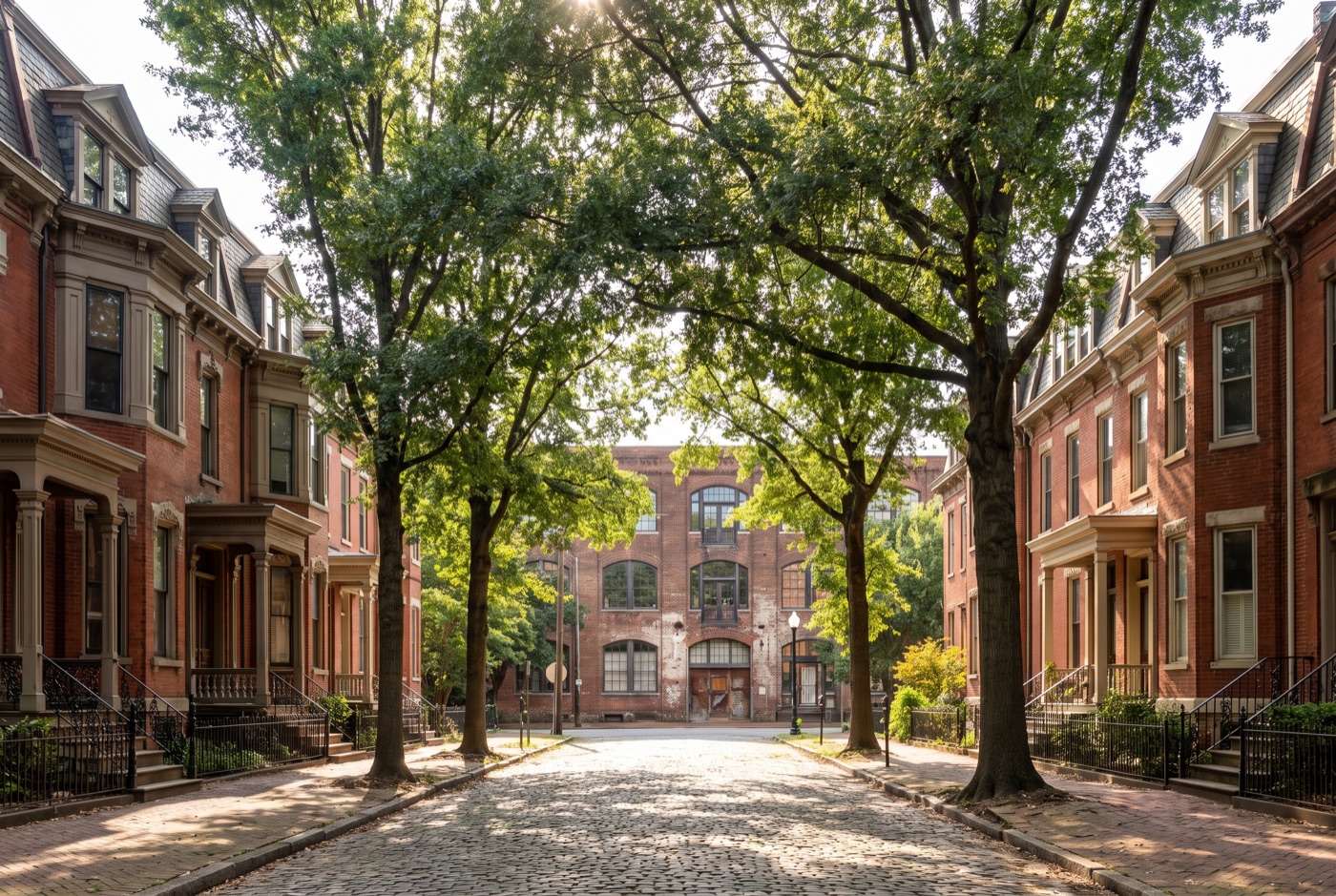 Brick townhouses under an oak canopy in Richmond, Virginia