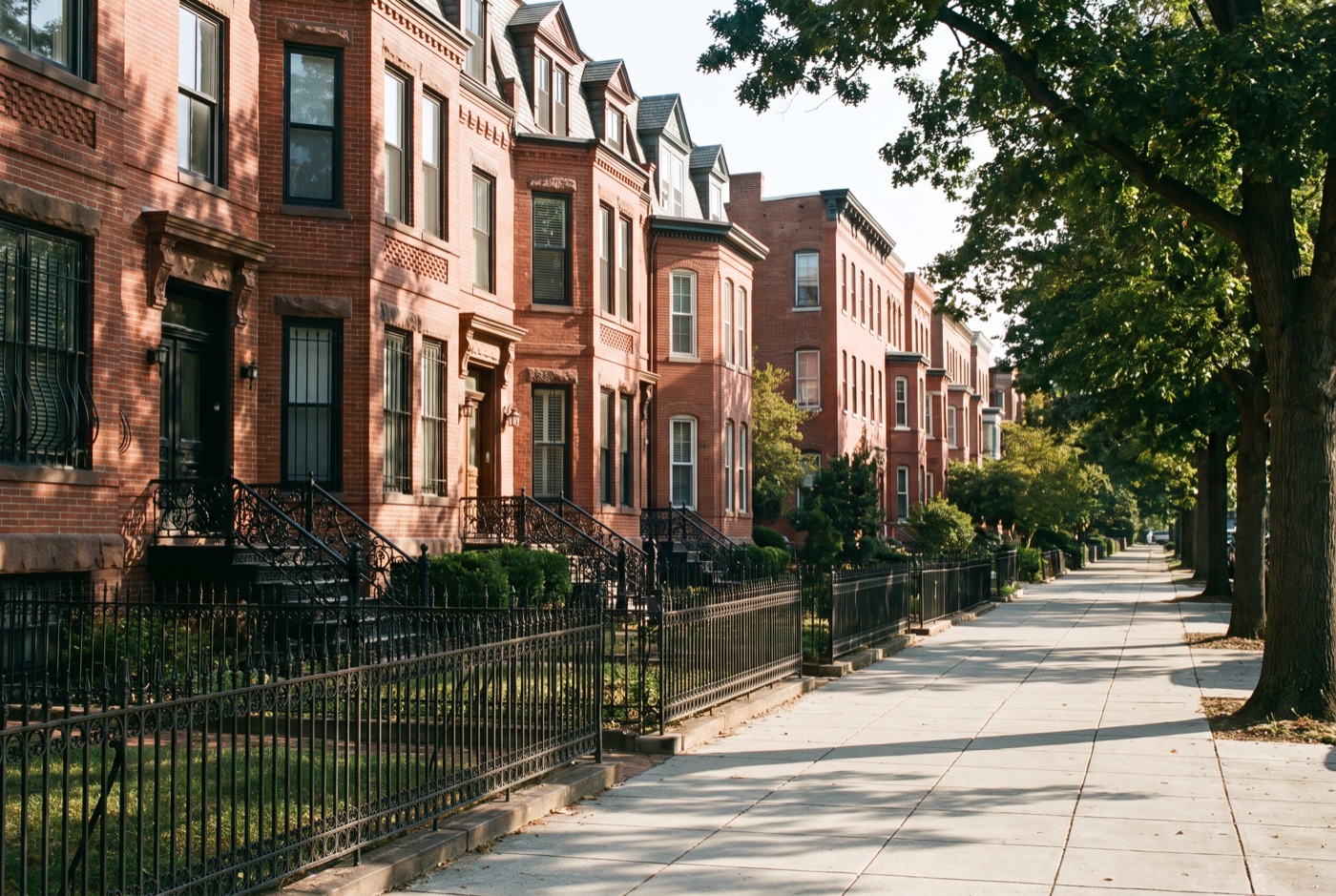 Red brick low-rise apartment buildings on a Washington DC street